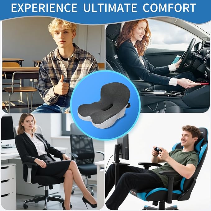 Memory Foam Seat Cushion,Office Chair Cushion with Lumbar Support for Back Pressure Relief, Car Seat Cushion with Adjustable Strap,Sciatica Pad Cushions for Car,Truck, Desk (Black+Grey)