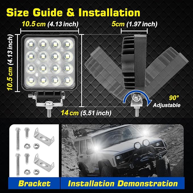 Square LED Work Light 12V, 2 Pack 64W 12V 4X4 LED Spotlight, Waterproof Car Flood Beam Light LED Work Lights for Tractors, Car Spot Light for Offroad Driving, Boat Camper, Truck 24V