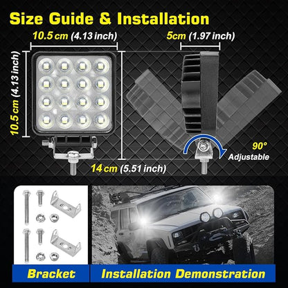 Square LED Work Light 12V, 2 Pack 64W 12V 4X4 LED Spotlight, Waterproof Car Flood Beam Light LED Work Lights for Tractors, Car Spot Light for Offroad Driving, Boat Camper, Truck 24V
