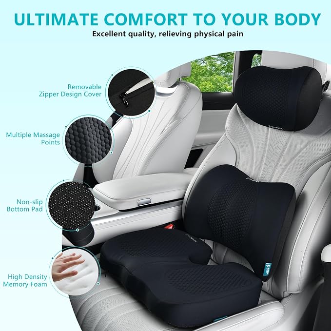 FLORICH Car Seat Cushion and Back Support for Office Chair Memory Foam Chair Cushions Pressure Relief Seat Pads with Gel Massage Point Lumbar Support (Light Black)