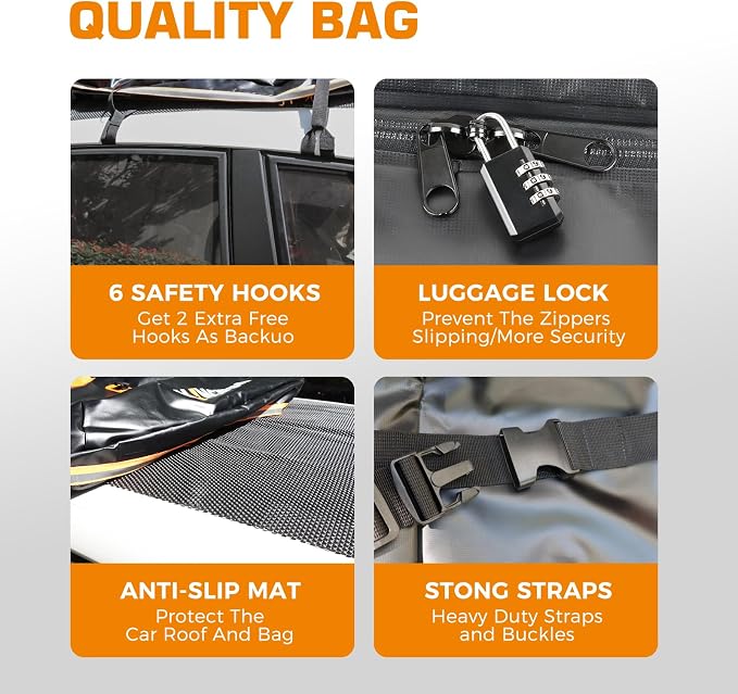 Kingfun Car Rooftop Cargo Carrier Bag, Waterproof 20 Cubic Feet Car Roof Luggage Carrier for All Vechicles with/Without Racks, Includes Anti-Slip Mat, 8 Reinforced Straps, 6 Door Hooks, Luggage Locks