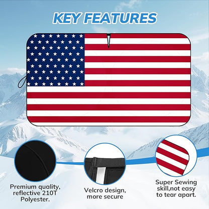 Windshield Sun Shade Original American Flag USA Patriotic Design - Folding Car Front Window Sunshade for Cars SUV Trucks, Max UV Blocking and Keep The Vehicle Cool
