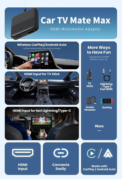 Car TV Mate PRO 2025-Stick Converter,HDMI & Wireless CarPlay Android Auto Adapter, No Latency,HDMI to USB Port Converter Work for Cars 2016+ with Wired carplay,Plug & Play