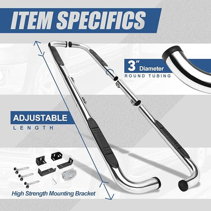 Auto Dynasty 3" Running Boards for 1999-2016 Silverado Sierra Yukon Tahoe Ram Extended Crew Cab, Stainless Steel Nerf Bar, Polished Chrome Side Step