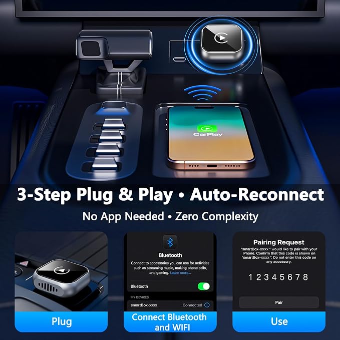 2025 Upgraded Wireless CarPlay Adapter for iPhone | Ultra-Mini Metal, Convert Wired to Wireless, Bluetooth 5.3 Fast Stable Connection, Plug & Play, 800+ Factory CarPlay Wired Cars, iOS 10+