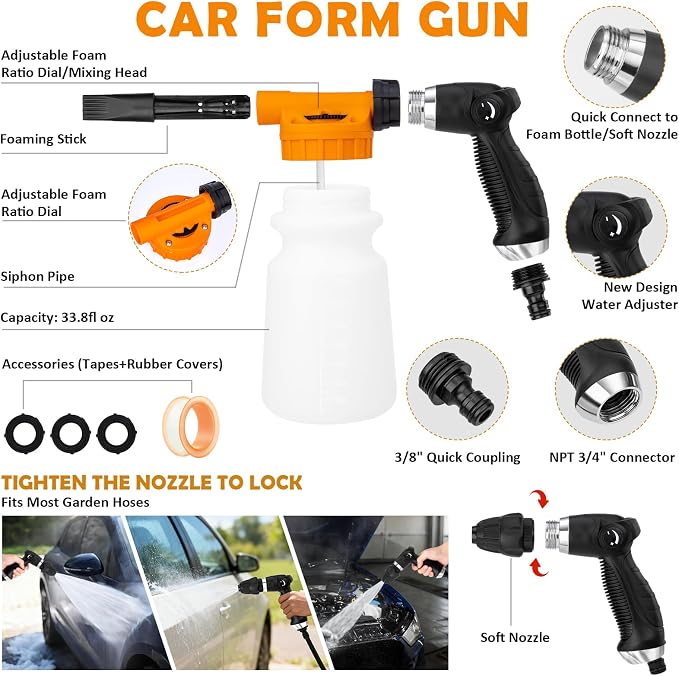Car Wash Detailing Kit Cleaning Kits with Foam Gun Sprayer, Car Wash Brush and Large Wash Mitt Duster for Car Interior and Exterior Cleaning (Orange)