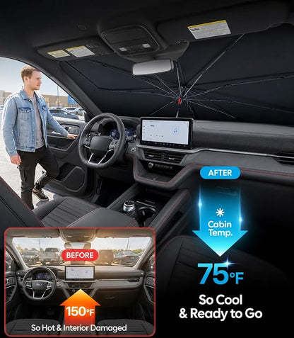 Wigoo Windshield Sun Shade Umbrella for Ford Explorer 2020-2026 [100% Sun Blockage, Ice Cooling Fabric] Foldable Heat Insulation Front Window Sunshade Umbrella for Ford Explorer 2020-2026