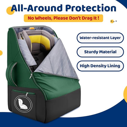 YOREPEK Carseat Bags for Air Travel, Car Seat Cover for Airplane Travel with Wear-Resistant Bottom, Large Car Seat Carrier Backpack with Side Pocket for Baby Travel Essentials, Green