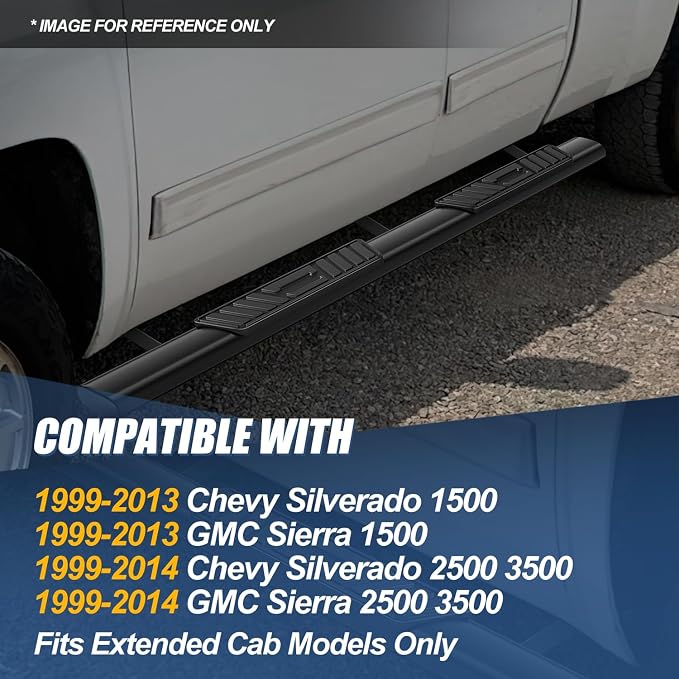 Auto Dynasty Running Boards Compatible with 1999-2014 Chevy Silverado GMC Sierra 1500 2500 3500 Extended Cab, Stainless Stee Side Step Rail Nerf Bars, 5" Step Bars, Black Powdercoated
