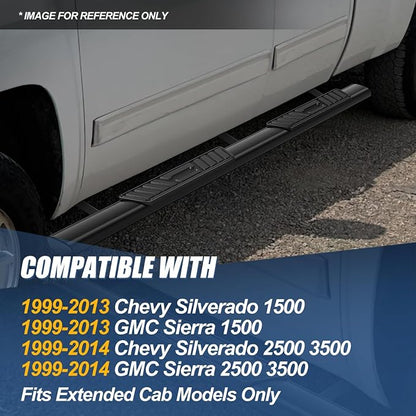 Auto Dynasty Running Boards Compatible with 1999-2014 Chevy Silverado GMC Sierra 1500 2500 3500 Extended Cab, Stainless Stee Side Step Rail Nerf Bars, 5" Step Bars, Black Powdercoated