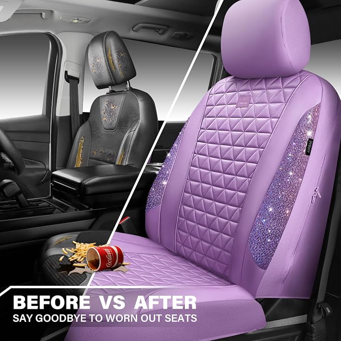 CAR PASS Light Purple Bling Diamond Leather Car Seat Covers Full Sets, Waterproof Shining Glitter Sparkly Crystal Universal Armrest Fit for Automotive Truck SUV Cute Women Girl,Lavender Rhinestone