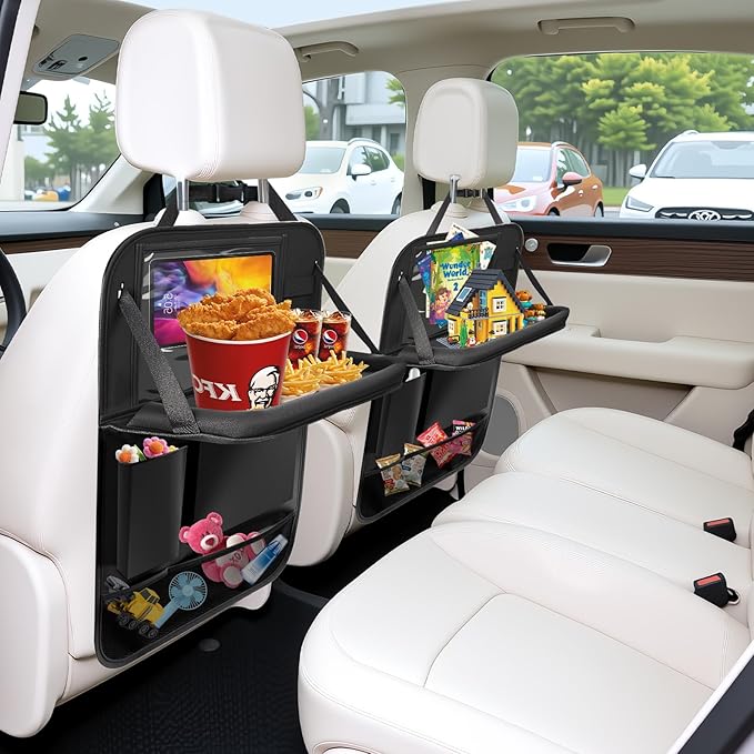 2Pack Car Backseat Organizer with Foldable Table Tray,6 Storage Pockets Car Storage Organizer with Tablet Holder,Car Seat Back Protectors Kick Mats Travel Accessories (Black)