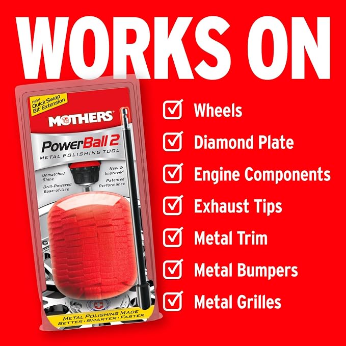 Mothers PowerBall 2, Polishing Tool with 10” Quick Swap Bit – Drill-Powered, Polishes Deep-Dish Wheels & Tight Areas with Ease, Delivers Fast & Unmatched Shine (05143)
