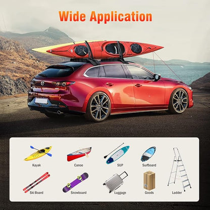 WOOWAVE Premium Kayak Roof Rack Pads Universal Soft Car Roof Rack Carrier for Canoe/Surfboard/Paddleboard/SUP/Snowboard with 6 Tie Down Straps, 2 Tie Down Rope, 2 Quick Loop Strap and Storage Bag