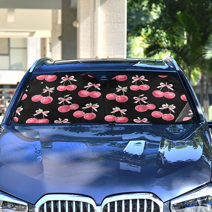 Watercolor Cherry Bow Windshield Sun Shade for Car Auto SUV Truck Foldable Front Window Sunshade Sun Visor Protector Block UV Rays Reflect Heat, 55" x 28"