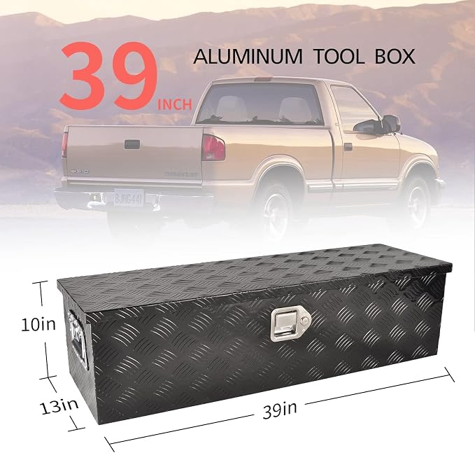 39 Inch Heavy Duty Aluminum Truck Bed Tool Box, 5 Bar Tread Storage Organizer, Lock & Keys, Black (39"x13"x10")