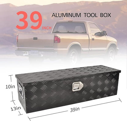 39 Inch Heavy Duty Aluminum Truck Bed Tool Box, 5 Bar Tread Storage Organizer, Lock & Keys, Black (39"x13"x10")
