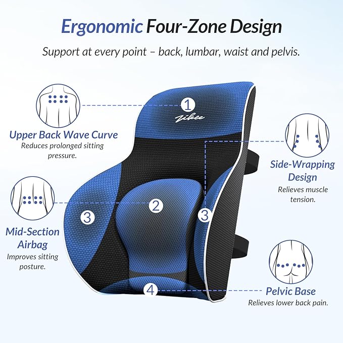 ZIKEE Adjustable Airbag Lumbar Support Pillow Provides Comfortable Support Back Pain Relief and Improves Posture, Ergonomic Memory Foam Back Support Pillow for Office Chair, Car, Home