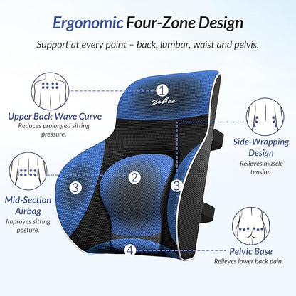 ZIKEE Adjustable Airbag Lumbar Support Pillow Provides Comfortable Support Back Pain Relief and Improves Posture, Ergonomic Memory Foam Back Support Pillow for Office Chair, Car, Home