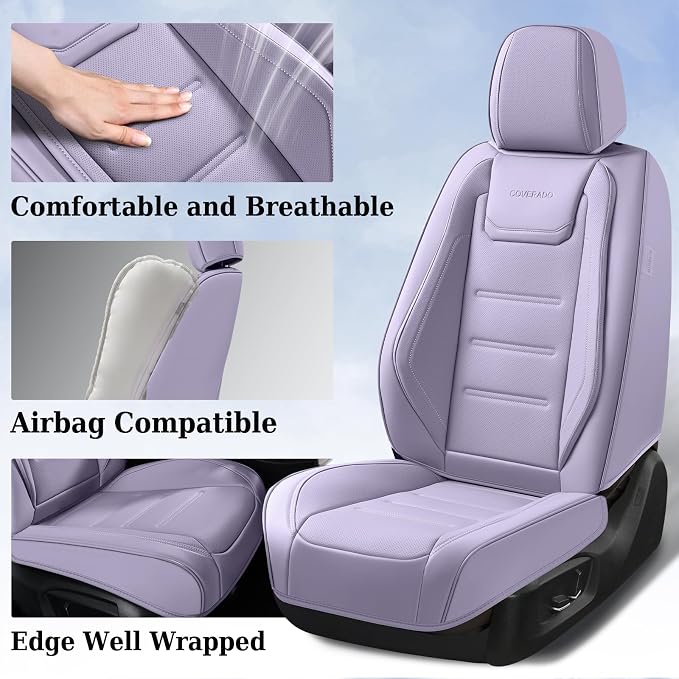 Coverado Car Seat Covers, Front Covers for Cars, Car Seat Cover Front Seats, Car Seat Protector Waterproof, Leather Car Seat Cushion, Universal Interior Covers Seat Protectors for Most Cars Purple