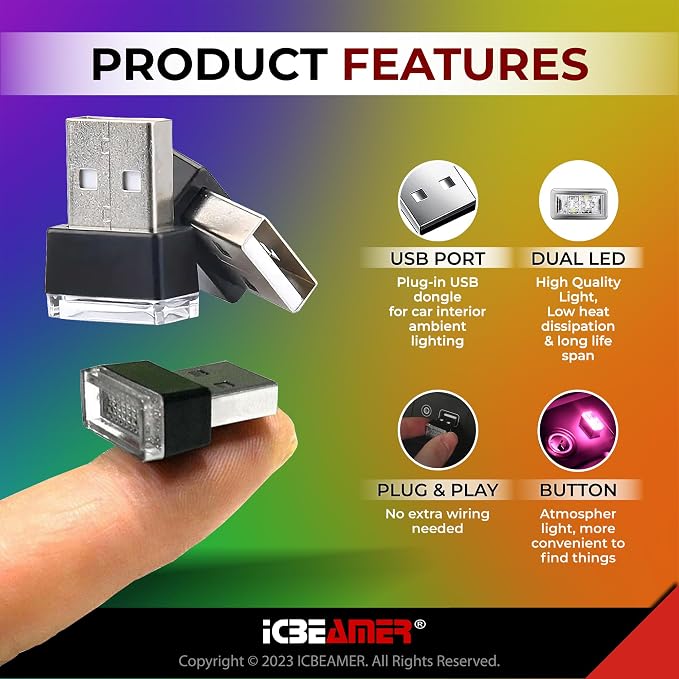 ICBEAMER USB Type-A LED Night Light 2-Pack (Purple) | Plug-in Universal Fit Automotive Accessory for Car Interior and Trunk Ambient Atmosphere Lighting
