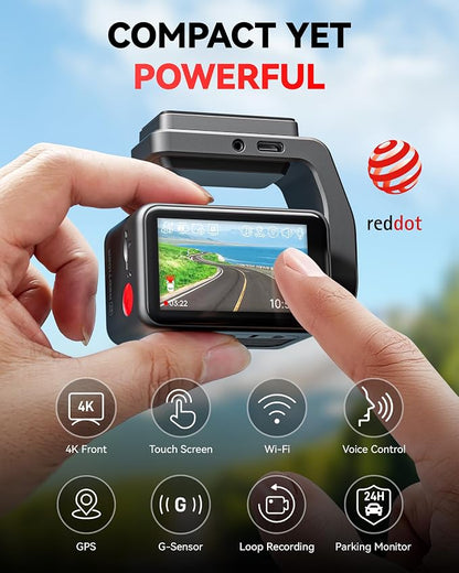 REDTIGER F4 4K Dash Cam Front, 2.2 inch Mini Car Camera, 2160P UHD Touch Screen, Voice Control, Night Vision, Built-in GPS, WiFi APP Control, Loop Recording, 24H Parking Monitor