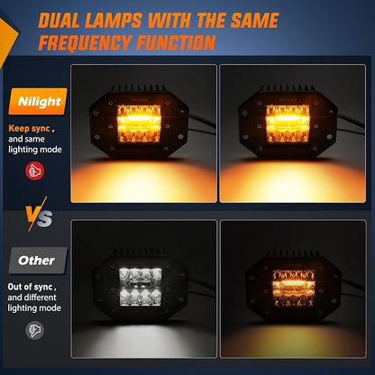 Nilight 2PCS 42W Light Pods Flush Mount Spot Flood Amber White Strobe 6 Modes Memory Function for Fog&Snow Off-Road Truck Car ATV JEEP Cabin Boat with 16AWG Wiring Harness Kit-2 Leads