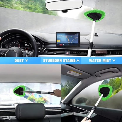 Windshield Cleaning Tool, Car Window Cleaner with Extendable Long Handle and 4 Washable Reusable Microfiber Pads, Auto Interior Exterior Glass Wiper Cleaning Kit Universal for Office and Home (Green)