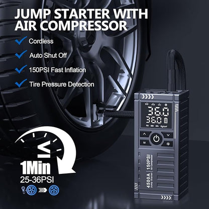Car Battery Jump Starter with Air Compressor - 4500A 150PSI Portable Car Jump Starters (All Gas/10L Diesel) with Tire Inflator, 12V Car Battery Jump Box with Jumper Cables, LCD Display, LED Light