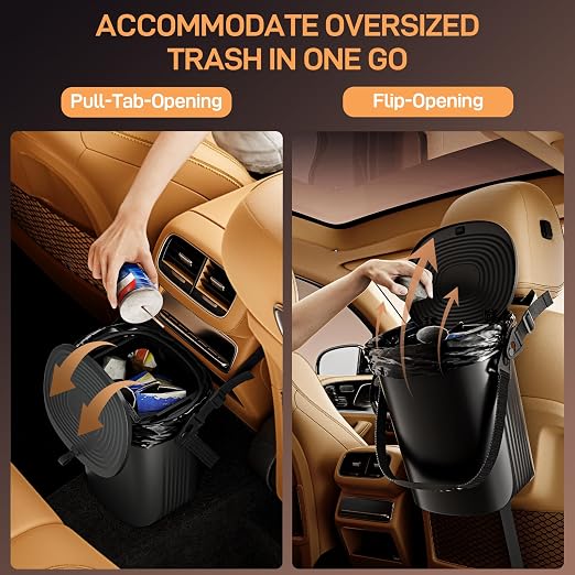 Waretary Trash Can for Car Garbage: Leakproof Silicone Car Waste Bin w/Lid for Drivers and Passengers; 2 Gallon Garbage Container for Vehicle, Sedan, SUV, Van, MPV & Truck (Black)