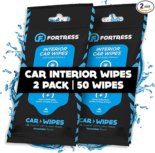 Fortress Car Interior Wipes (25 ct, Pack of 2) for Car Interior Cleaning, Dashboard, Seats, Detailing, and Steering Wheel [Travel Size] Skin-Safe Car Interior Cleaner Supplies
