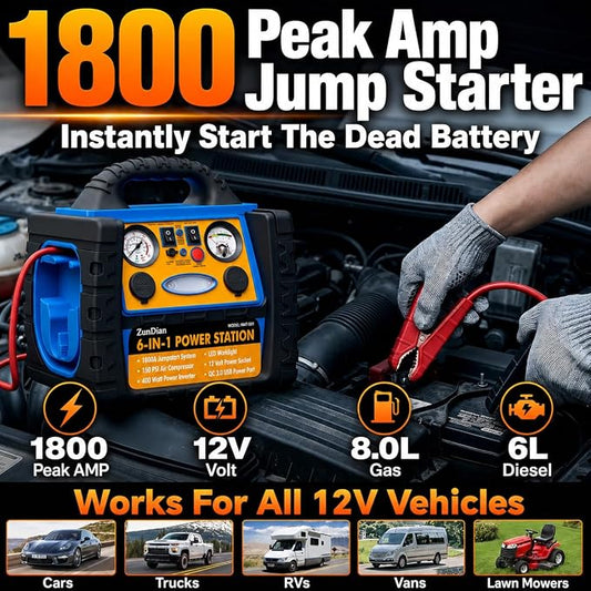Car Jump Starter with Air Compressor, 1800A Battery Booster Pack for Up to 8.0L Gas & 6.0L Diesel, 150PSI Tire Inflator, 400W Portable Power Station with AC Outlet, 6-in-1 Jump Box for Cars, Trucks