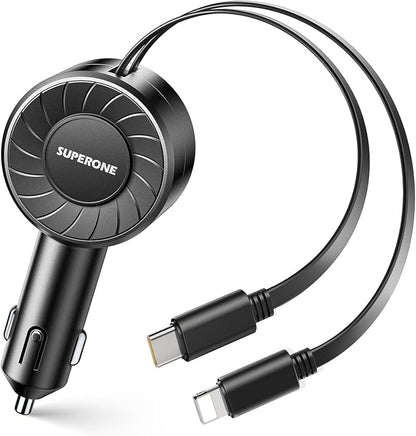 SUPERONE Retractable Car Charger, Small iPhone Car Charger Fast Charging, Car Phone Charger with USB C and Apple Cord, Car Charger Adapter Compatible with iPhone 17/16/15/14/13 Samsung Galaxy and More