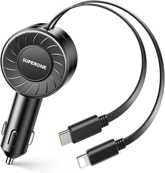 SUPERONE Retractable Car Charger, Small iPhone Car Charger Fast Charging, Car Phone Charger with USB C and Apple Cord, Car Charger Adapter Compatible with iPhone 17/16/15/14/13 Samsung Galaxy and More