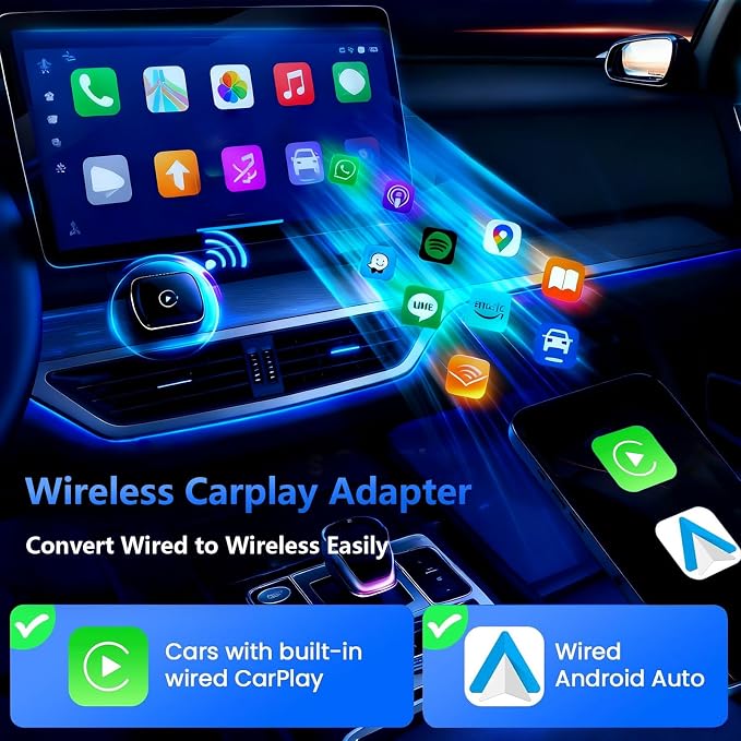 2026 Upgrade Wireless CarPlay Adapter & Android Auto, 2-in-1 CarPlay Adapter Convert Wired to Wireless, Mini Size with USB A & USB-C Extension Cable, Plug & Play, Stable Connection & No Delay (Black)