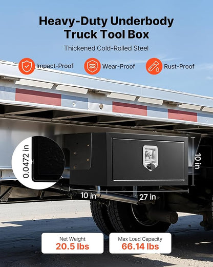 VEVOR Underbody Truck Tool Box, 27 x 10 x 10 Inch Heavy Duty Steel Trailer Storage Box with Lock & Keys, Waterproof Trailer Storage Organizer Under Body Chest with T-Handle for Truck, Van, SUV, Black