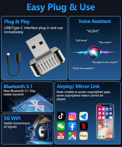 2026 4 in 1 Mini Wireless CarPlay Android Auto Adapter, Support AirPlay MirrorLink, Convert Wired to Wireless, Auto Connect for Daily Commute, Plug and Play Dongle (Gunmetal Grey)