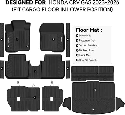 Floor Mats for Honda CRV Gas 2023-2026 (Fit Cargo Floor in Lower Position), Trunk Mat and Backrest Mat & Door Sill Guard All Weather TPE Protector for Honda CRV Accessories(Not for Hybrid)