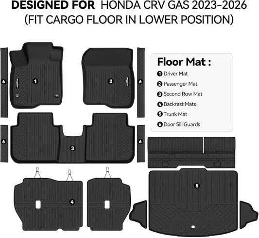 Floor Mats for Honda CRV Gas 2023-2026 (Fit Cargo Floor in Lower Position), Trunk Mat and Backrest Mat & Door Sill Guard All Weather TPE Protector for Honda CRV Accessories(Not for Hybrid)