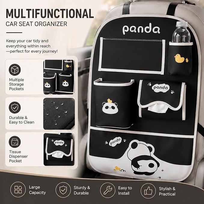 YUNZLAN Cute Panda Leather Car Backseat Organizer 1 Pack Car Seat Back Protectors with Clear 10" Tablet Holder + 4 Storage Pockets