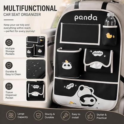 YUNZLAN Cute Panda Leather Car Backseat Organizer 1 Pack Car Seat Back Protectors with Clear 10" Tablet Holder + 4 Storage Pockets