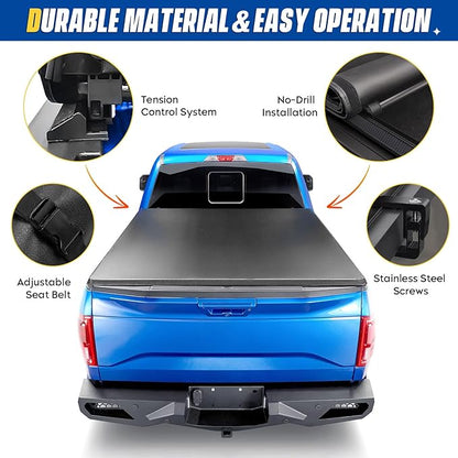 Soft Roll-up Truck Bed Tonneau Cover for 2019-2025 Ram 1500 New Body (Not fit 19-25 Classic), Fleetside 6.4 ft 76 in Bed Without rambox