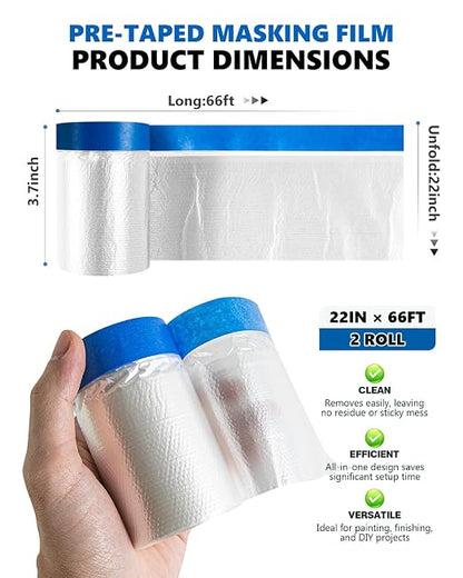 Pre-Taped Masking Film for Painting(2 Rolls) - 22" x 66'Painters Plastic Sheeting with Tape and Drape, Painters Drop Cloth for Automotive & Home, Cover for Walls/Floors/Windows/Cars Protection