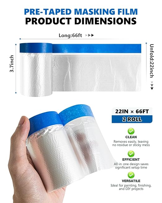 Pre-Taped Masking Film for Painting(2 Rolls) - 22" x 66'Painters Plastic Sheeting with Tape and Drape, Painters Drop Cloth for Automotive & Home, Cover for Walls/Floors/Windows/Cars Protection