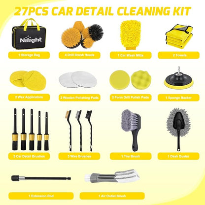 Nilight 27PCS Car Detailing Kit Auto Cleaning Tools Wash Set with Storage Carry Bag Home Use for Interior Exterior Deep Clean Polish Car Care Windshield Dashboard Seat Air Vents Wheels Tires, Yellow