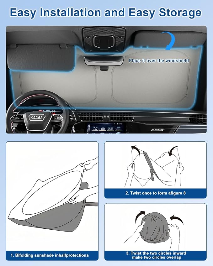 helloleiboo Graphene Car Windshield Sun Shade – 59" x 33" Foldable Car Sun Shade, Advanced Heat Absorption & UV Protection, Universal Fit for Cars, SUVs & Trucks (59 * 33 Inches)