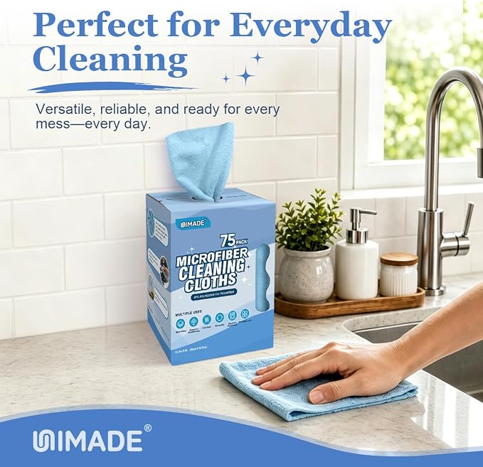 UNIMADE Microfiber Cleaning Cloth, 75 Sheets Microfiber Towels for Cars Commercial Grade Washcloths Lint-Free Bulk Shop Towel Cleaning Rags for Household Restaurant Garage Housekeeping, 11"x 9", Blue