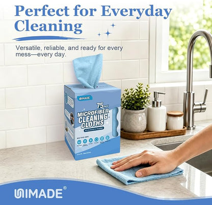 UNIMADE Microfiber Cleaning Cloth, 75 Sheets Microfiber Towels for Cars Commercial Grade Washcloths Lint-Free Bulk Shop Towel Cleaning Rags for Household Restaurant Garage Housekeeping, 11"x 9", Blue