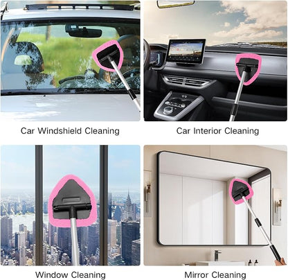 Qydipclin 10pcs Windshield Cleaning Tool Inside Car Window Cleaner Wash Kit with 4 Reusable Microfiber Pads 1 Spray Bottle and Extendable Handle Interior Auto Glass Wiper Kit, Pink