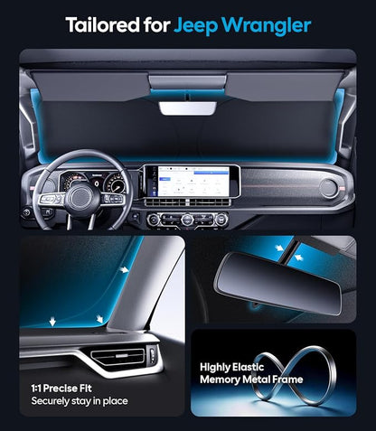Wigoo for Jeep Wrangler Windshield Sunshade [OEM Design, 100% Sun Blockage] Foldable Heat Insulation Sun Shade with Storage Bag, for Jeep Wrangler (2018-2026), Silver Coating